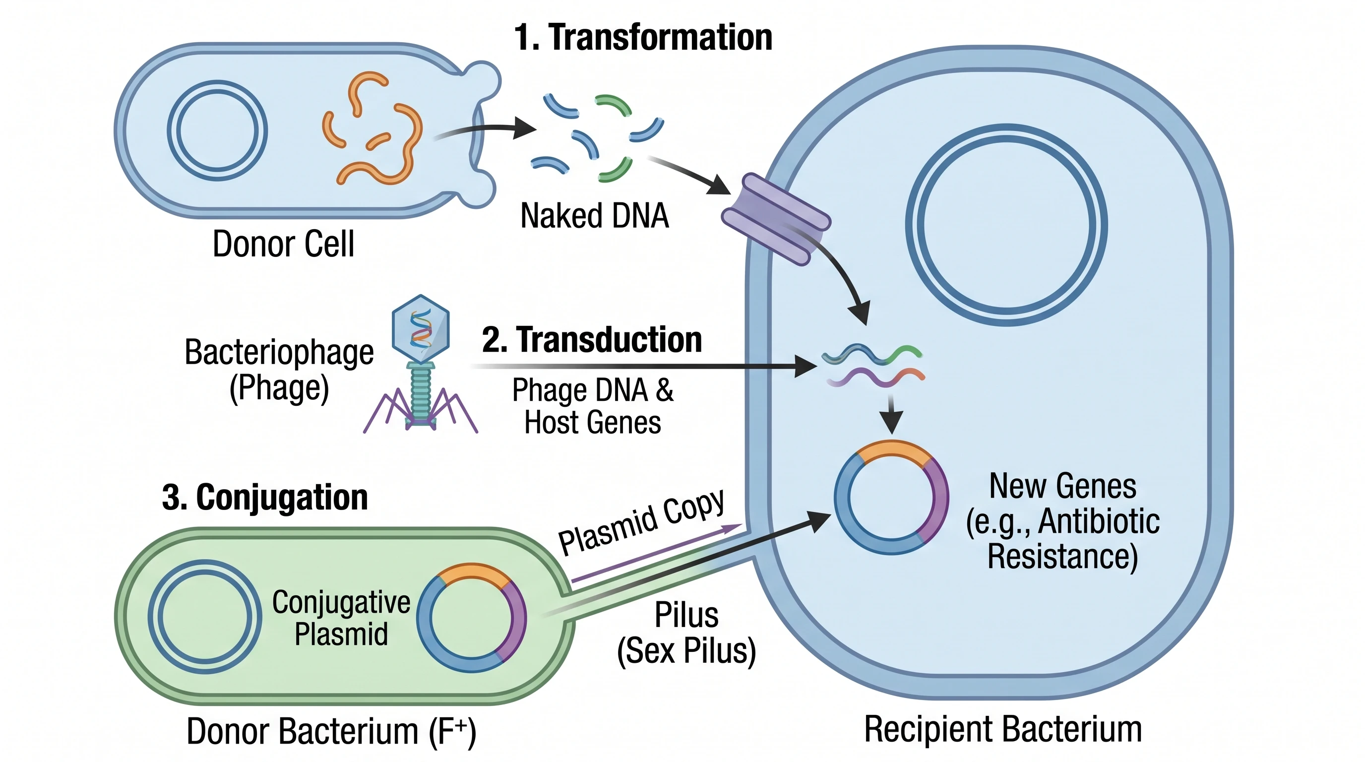 Horizontal gene transfer overview showing conjugation, transformation, and transduction giving a bacterium new genes (Figure generated with SciFig)