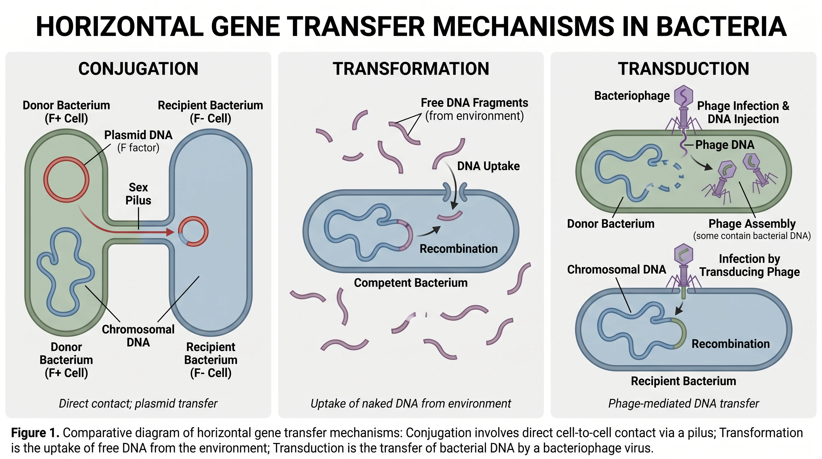 Diagram comparing bacterial conjugation, transformation, and transduction as three mechanisms of horizontal gene transfer (Figure generated with SciFig)