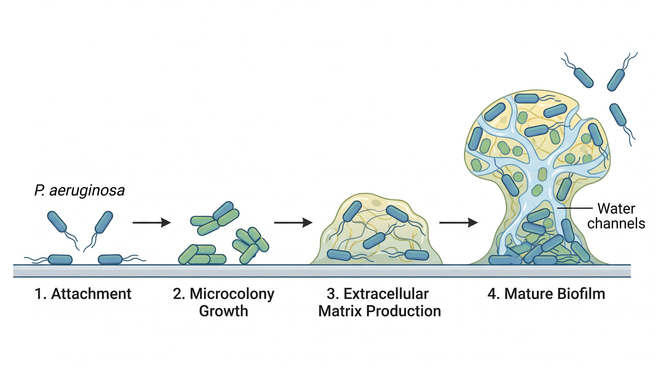 Pseudomonas aeruginosa biofilm formation stages from attachment to mature biofilm (Figure generated with SciFig)