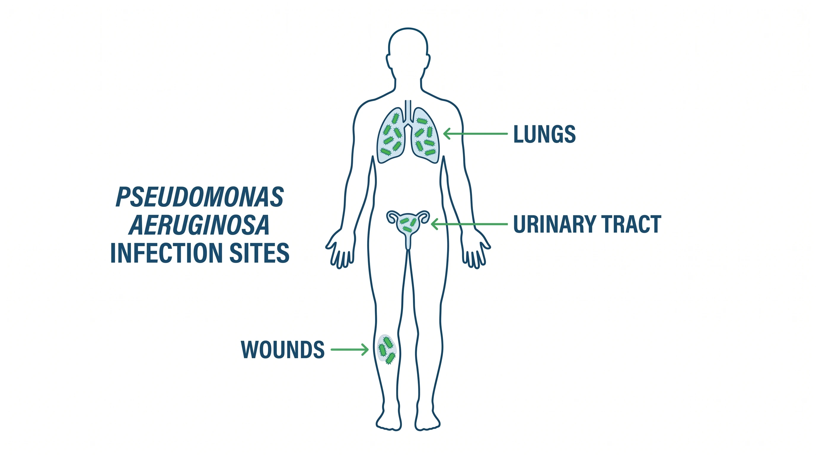 Common Pseudomonas aeruginosa infection sites in the lungs, wounds, and urinary tract (Figure generated with SciFig)