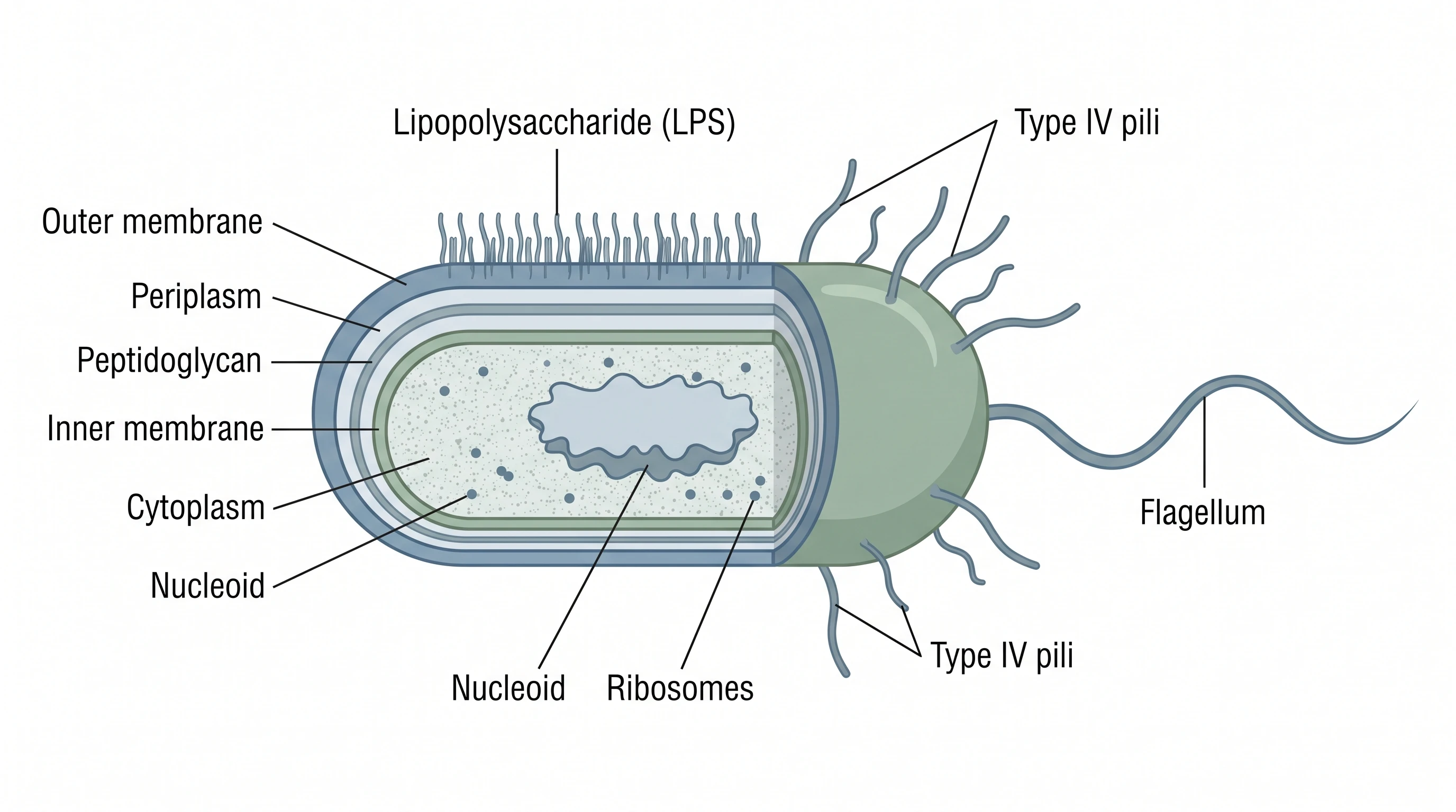 Labeled Pseudomonas aeruginosa structure diagram showing the gram-negative envelope, flagellum, pili, and cytoplasm (Figure generated with SciFig)