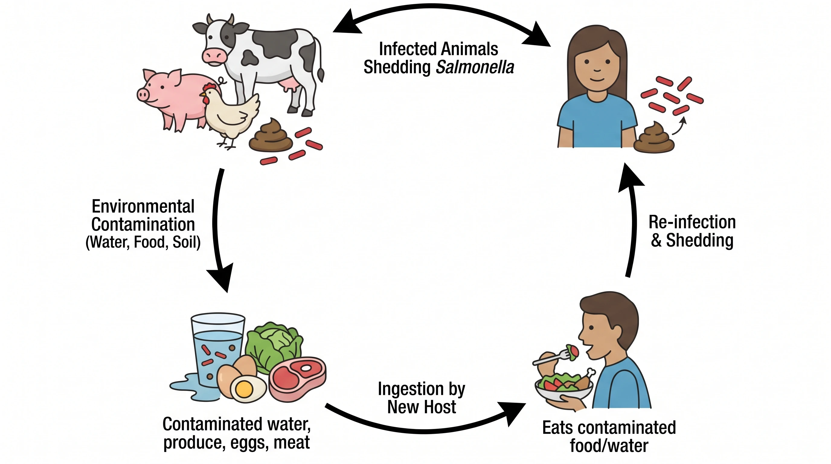 Fecal–oral transmission cycle of Salmonella showing shedding, environmental contamination, ingestion, and re-infection (Figure generated with SciFig)