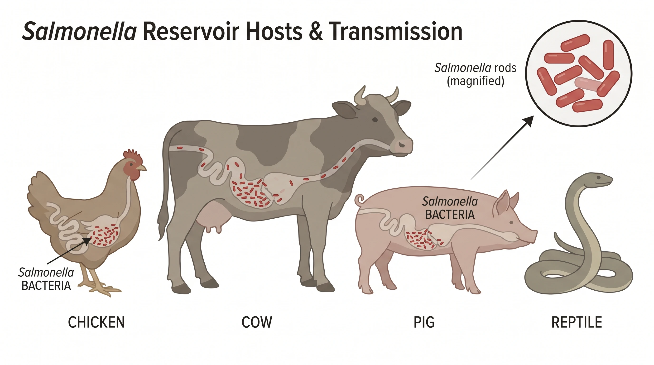 Salmonella reservoir hosts diagram showing poultry, cattle, pigs, and reptiles carrying the bacteria (Figure generated with SciFig)