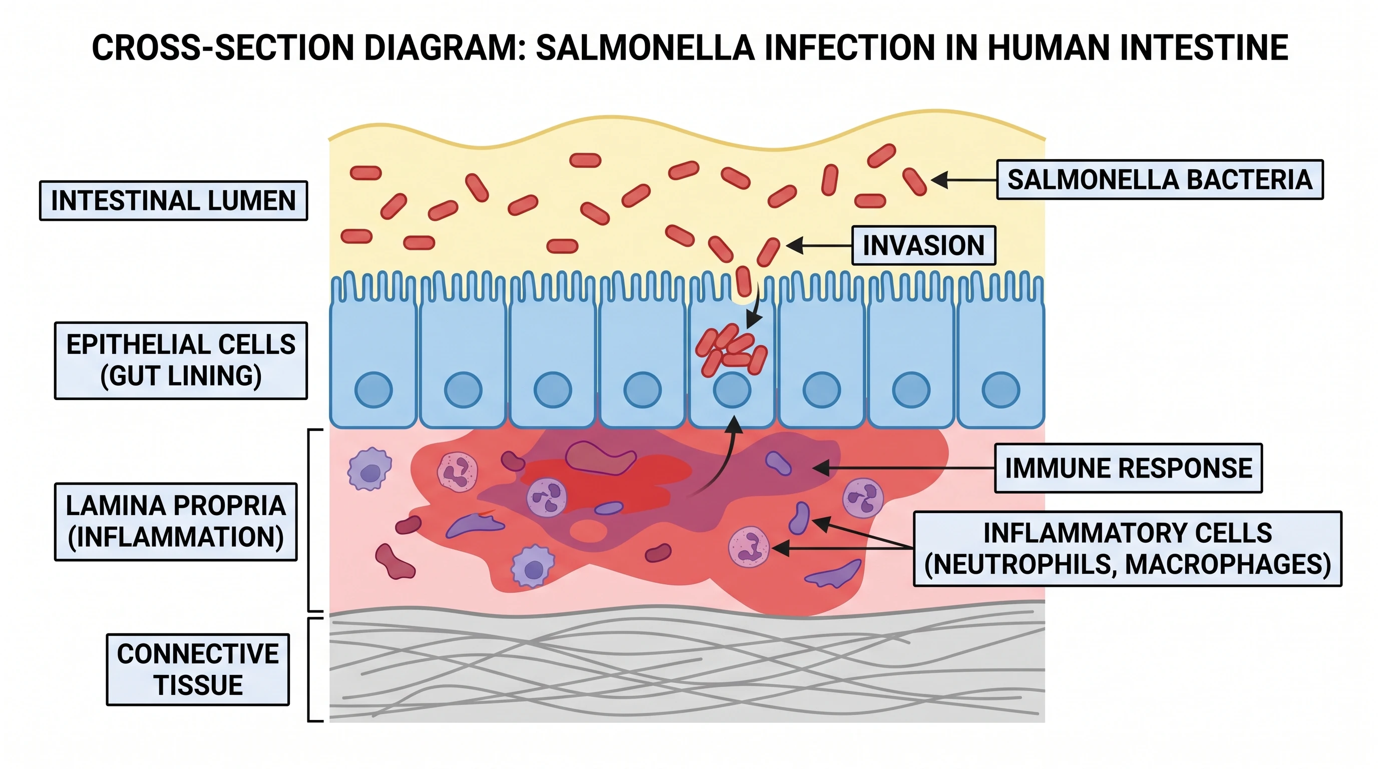 Salmonella infection of the human intestinal epithelium showing bacterial invasion and inflammation (Figure generated with SciFig)