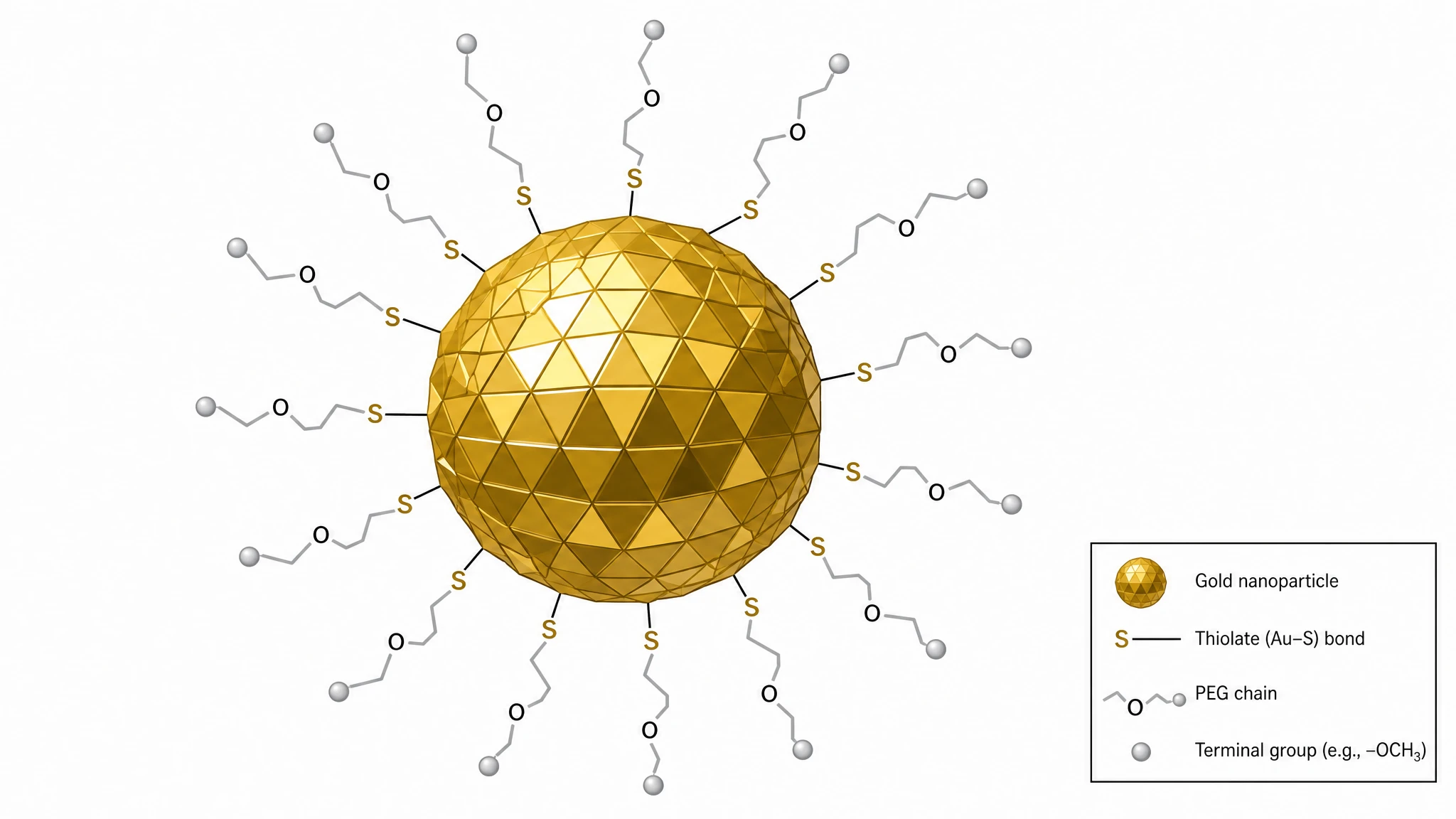 Illustration of a gold nanoparticle as a faceted metallic sphere with surface ligands (Figure generated with SciFig)