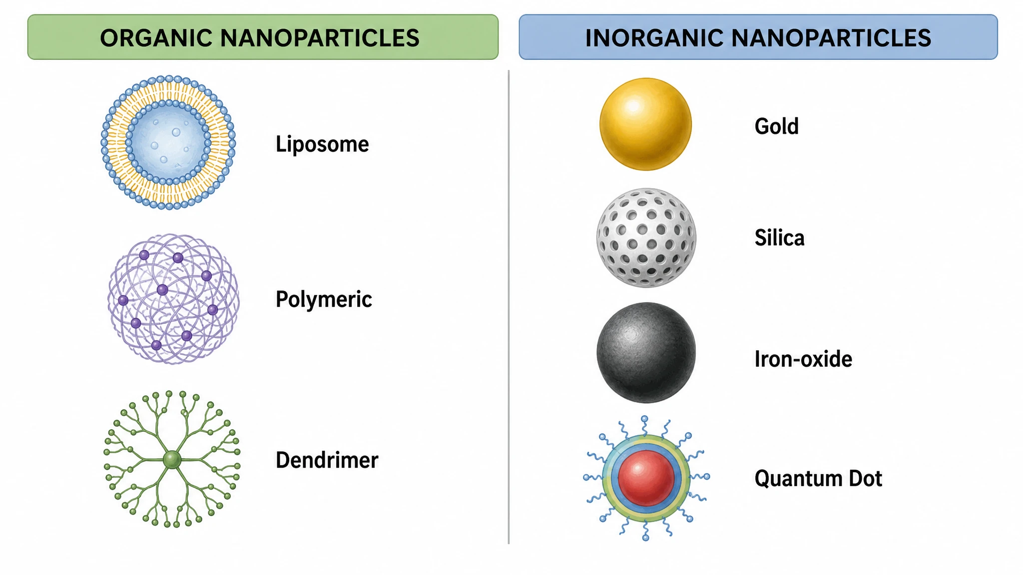 Two-column classification of nanoparticles separating organic and inorganic types into labeled icons (Figure generated with SciFig)