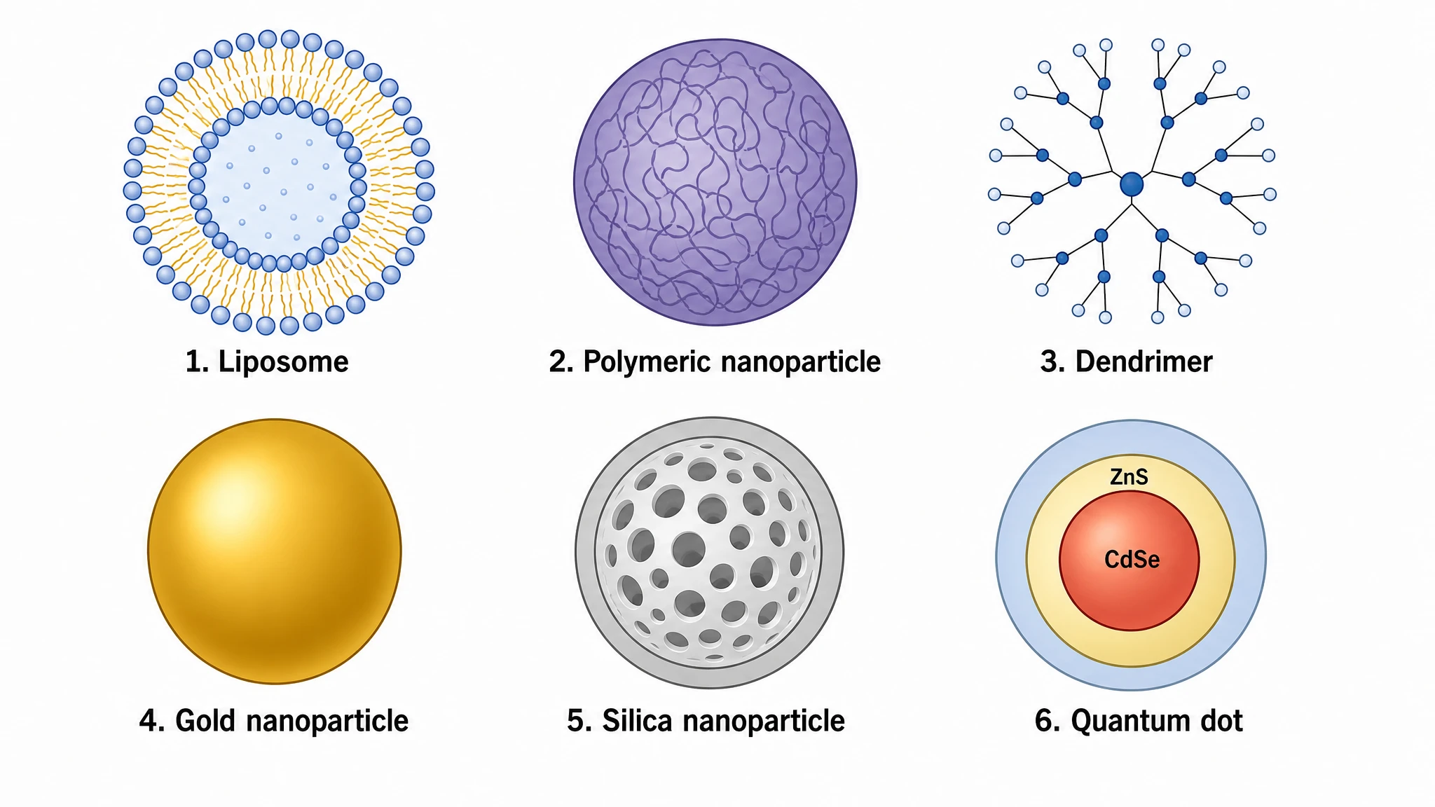 Comparison figure of the different types of nanoparticles including liposome, polymeric, dendrimer, gold, silica, and quantum dot particles (Figure generated with SciFig)