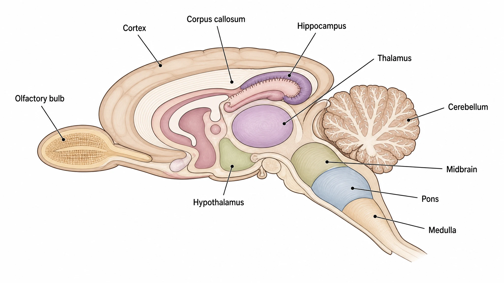 Midline sagittal section of the mouse brain in atlas style labeling cortex, hippocampus, thalamus, and cerebellum (Figure generated with SciFig)