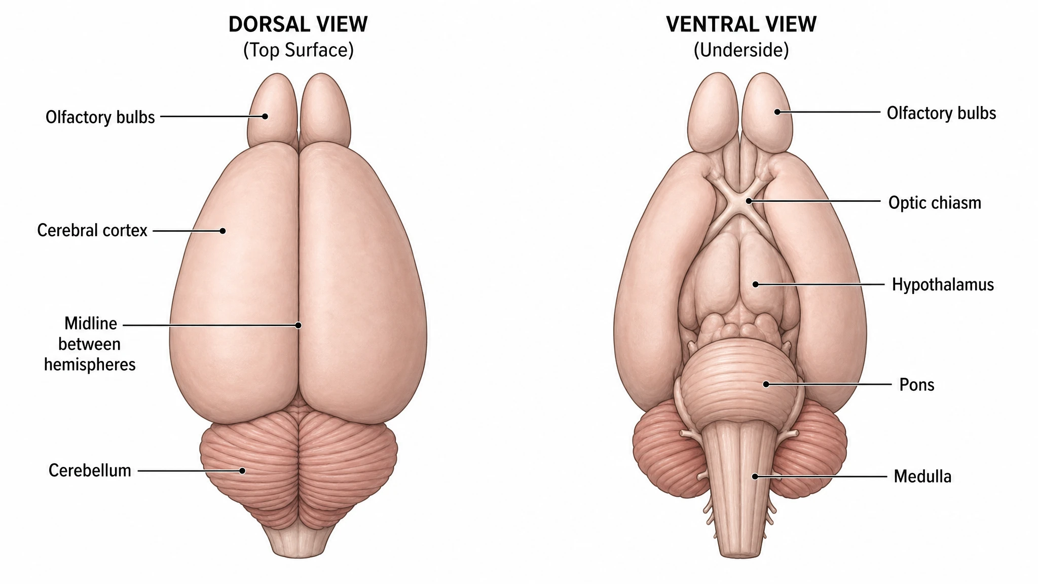Mouse brain anatomy figure showing labeled dorsal and ventral views with olfactory bulbs, cortex, cerebellum, and brainstem (Figure generated with SciFig)