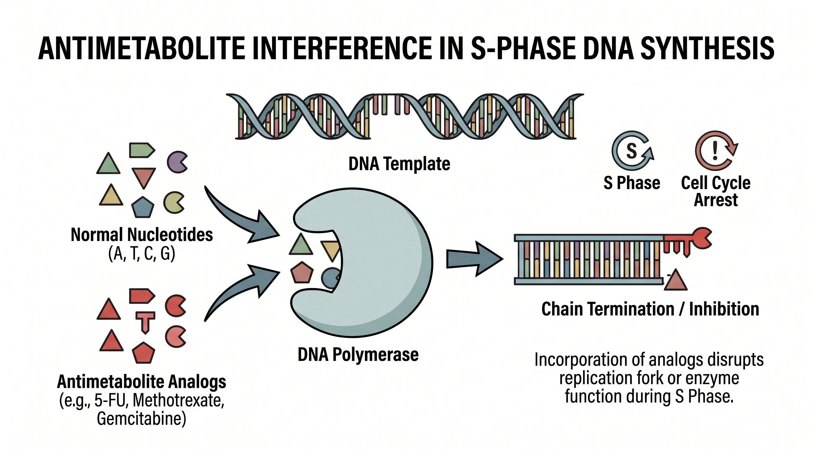 Antimetabolites acting as nucleotide analogs to block DNA synthesis in the S phase (Figure generated with SciFig)