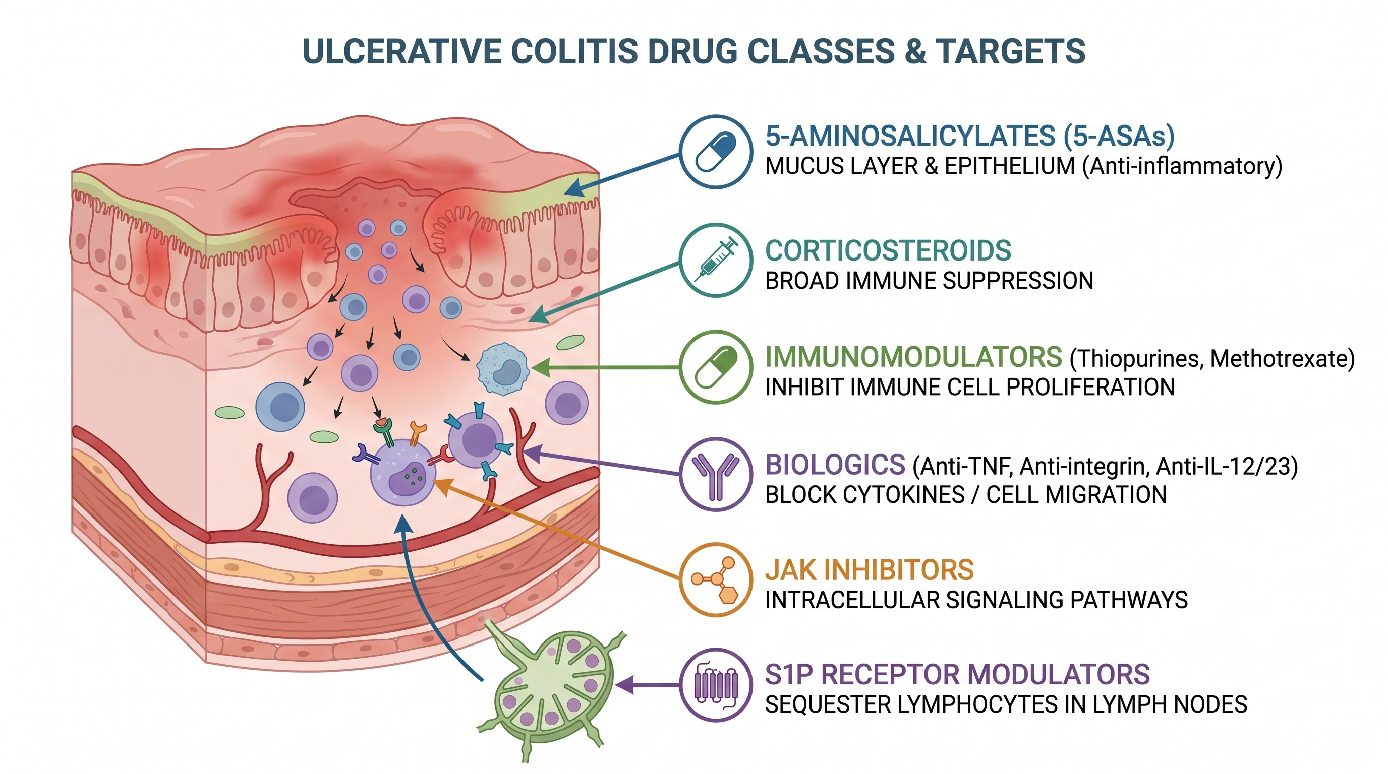 Overview of ulcerative colitis drug classes mapped to their targets on inflamed colon tissue (Figure generated with SciFig)