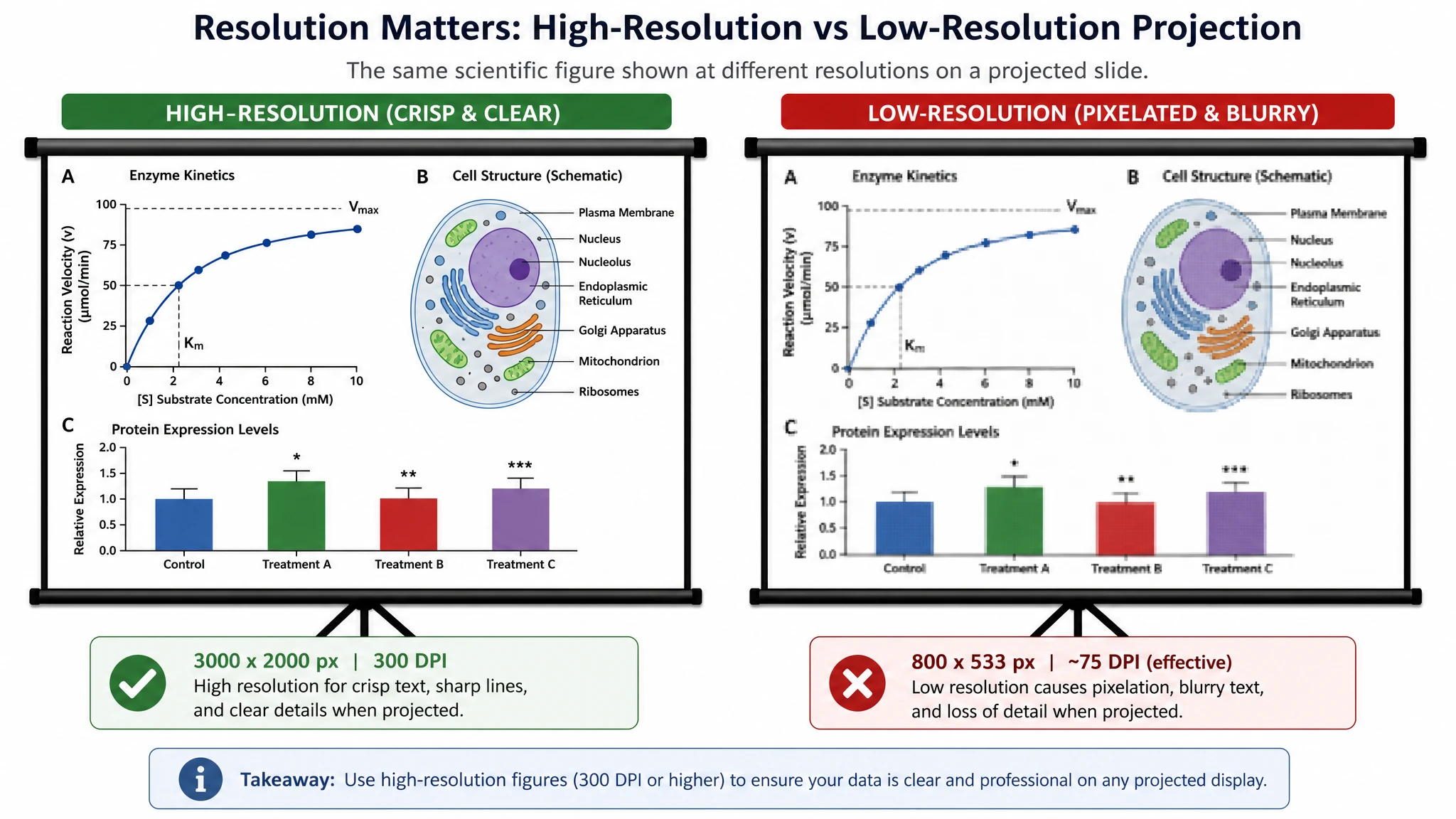 Side-by-side comparison of a crisp high-resolution figure versus a pixelated low-resolution figure on a slide (Figure generated with SciFig)