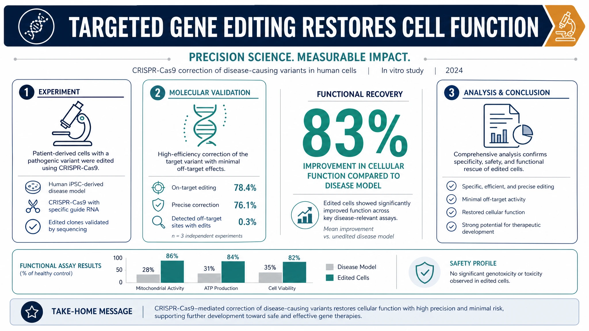 Clean modern science research infographic with headline, three labeled icon sections, a stat callout, and a bar chart on a white background (Figure generated with SciFig)
