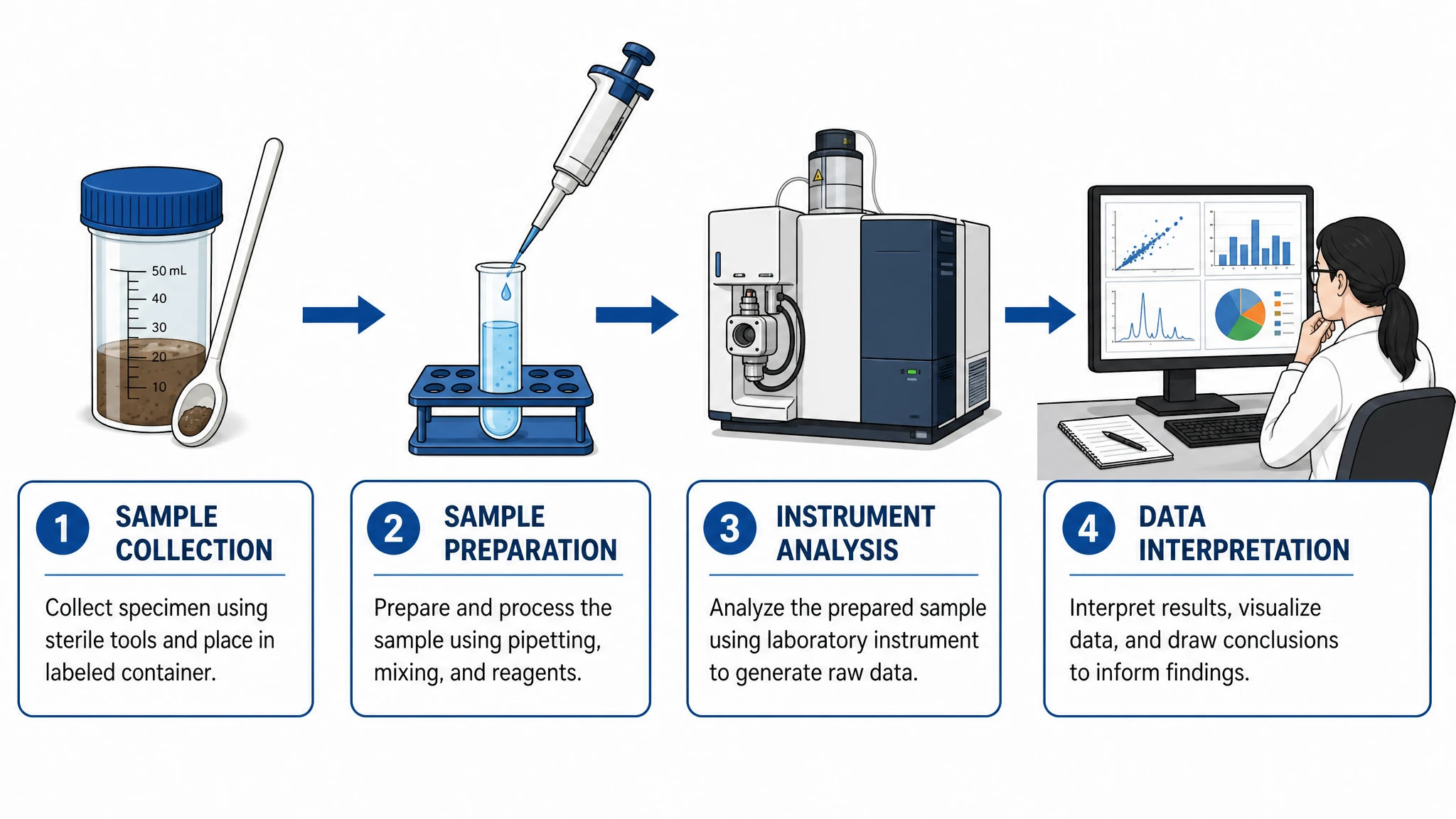 Research figure showing a four-step experimental workflow from sample collection to data interpretation (Figure generated with SciFig)