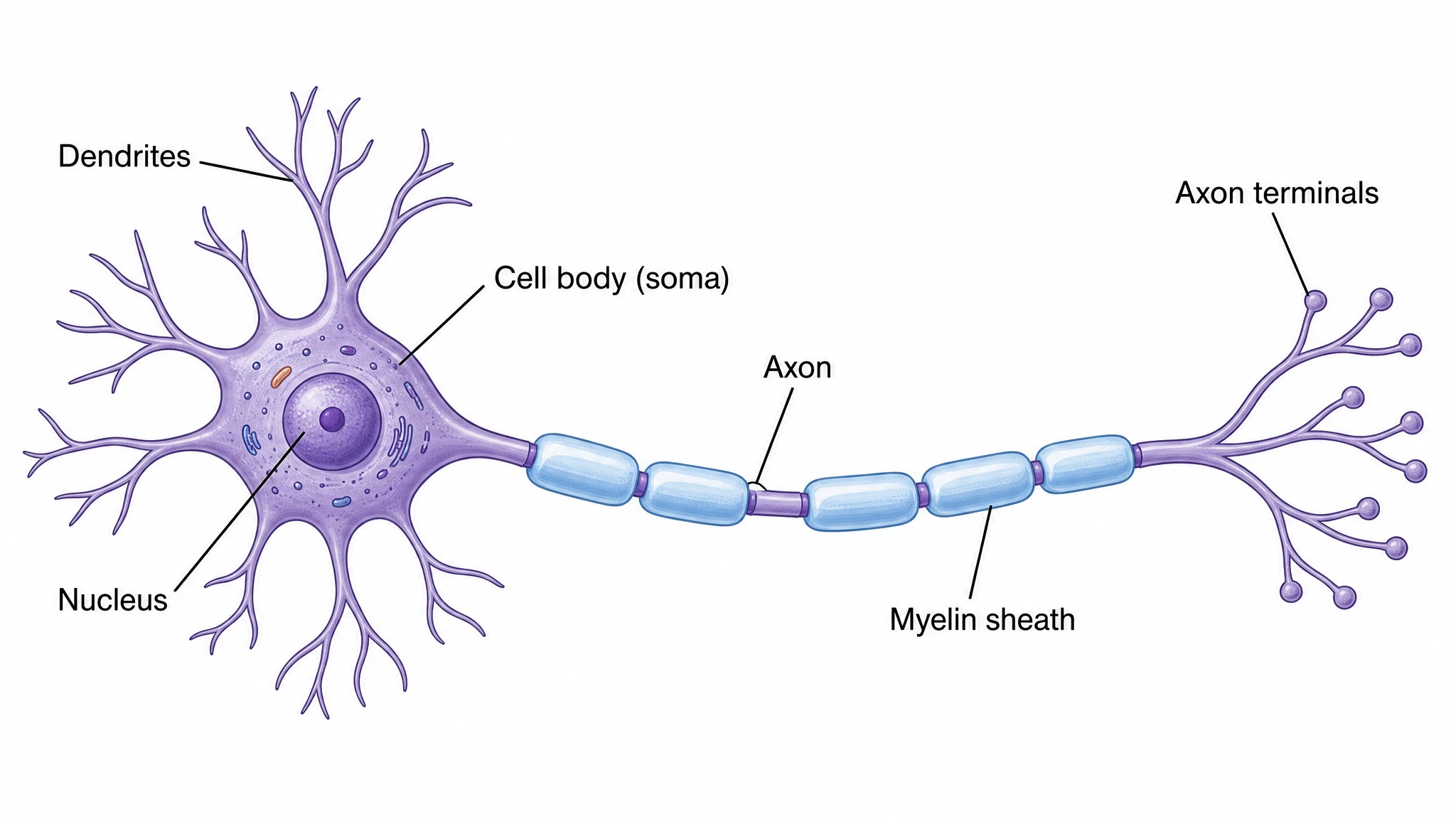 Scientific image of a labeled neuron cross-section showing cell body, nucleus, dendrites, axon, myelin sheath, and axon terminals (Figure generated with SciFig)
