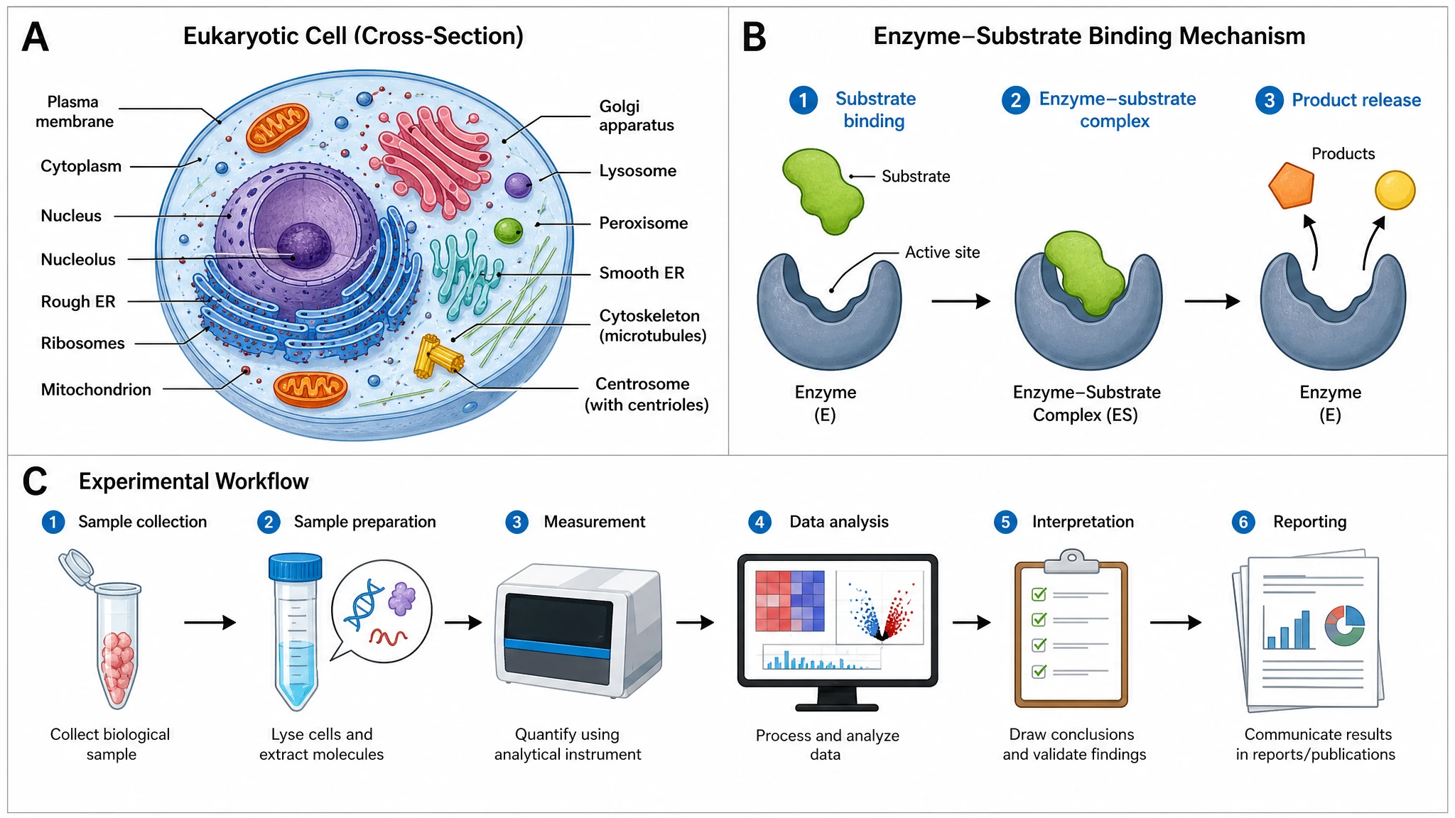AI-generated scientific image panel showing a labeled cell cross-section, an enzyme mechanism, and an experimental workflow (Figure generated with SciFig)