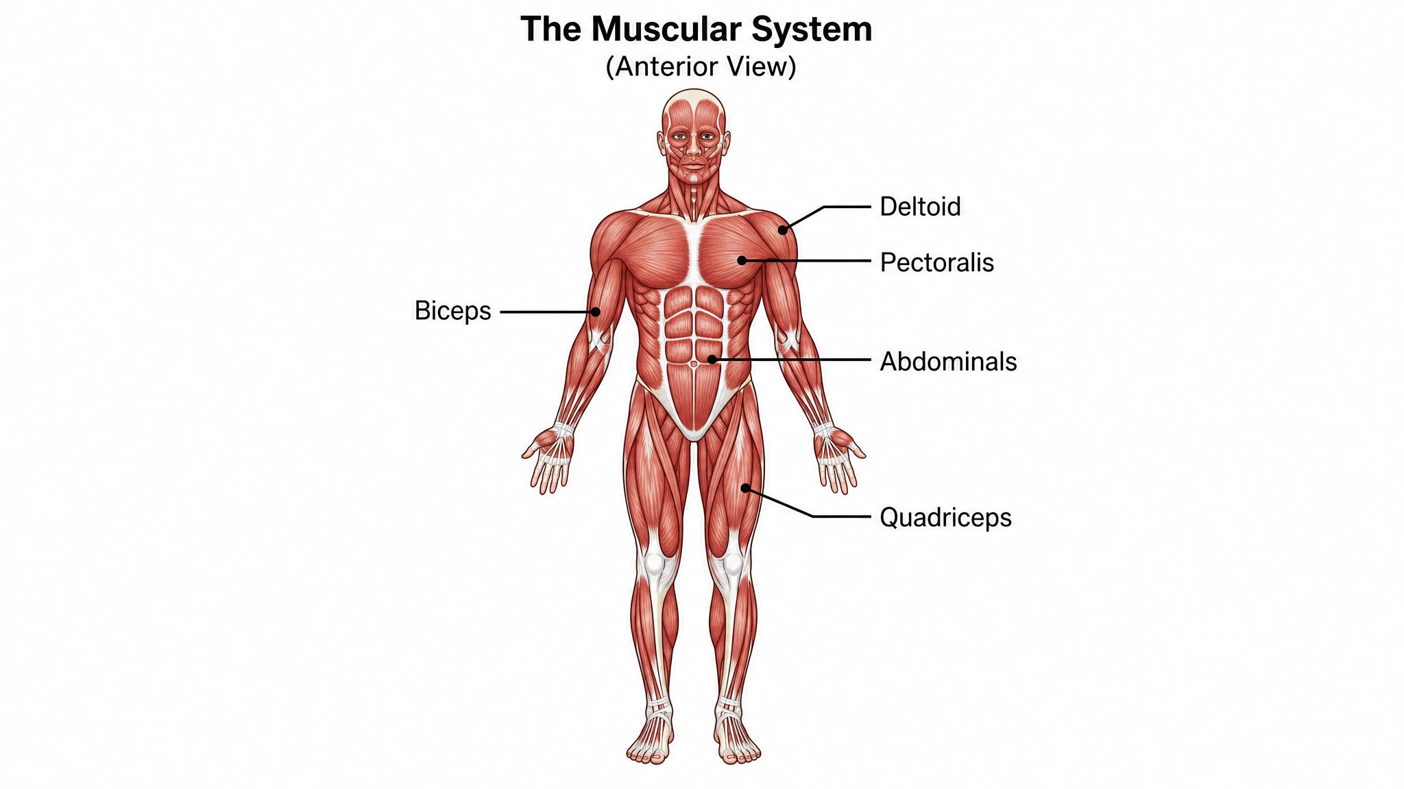 Labeled muscular system anatomical drawing showing major muscle groups in schematic style (Figure generated with SciFig)