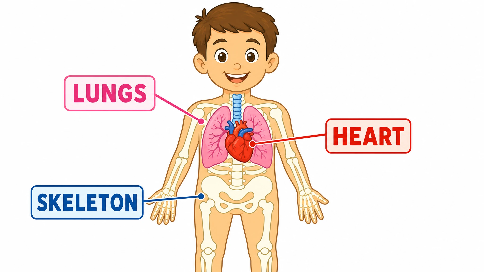 Simplified anatomical drawing for younger students showing skeleton outline, heart, and lungs with bold labels (Figure generated with SciFig)