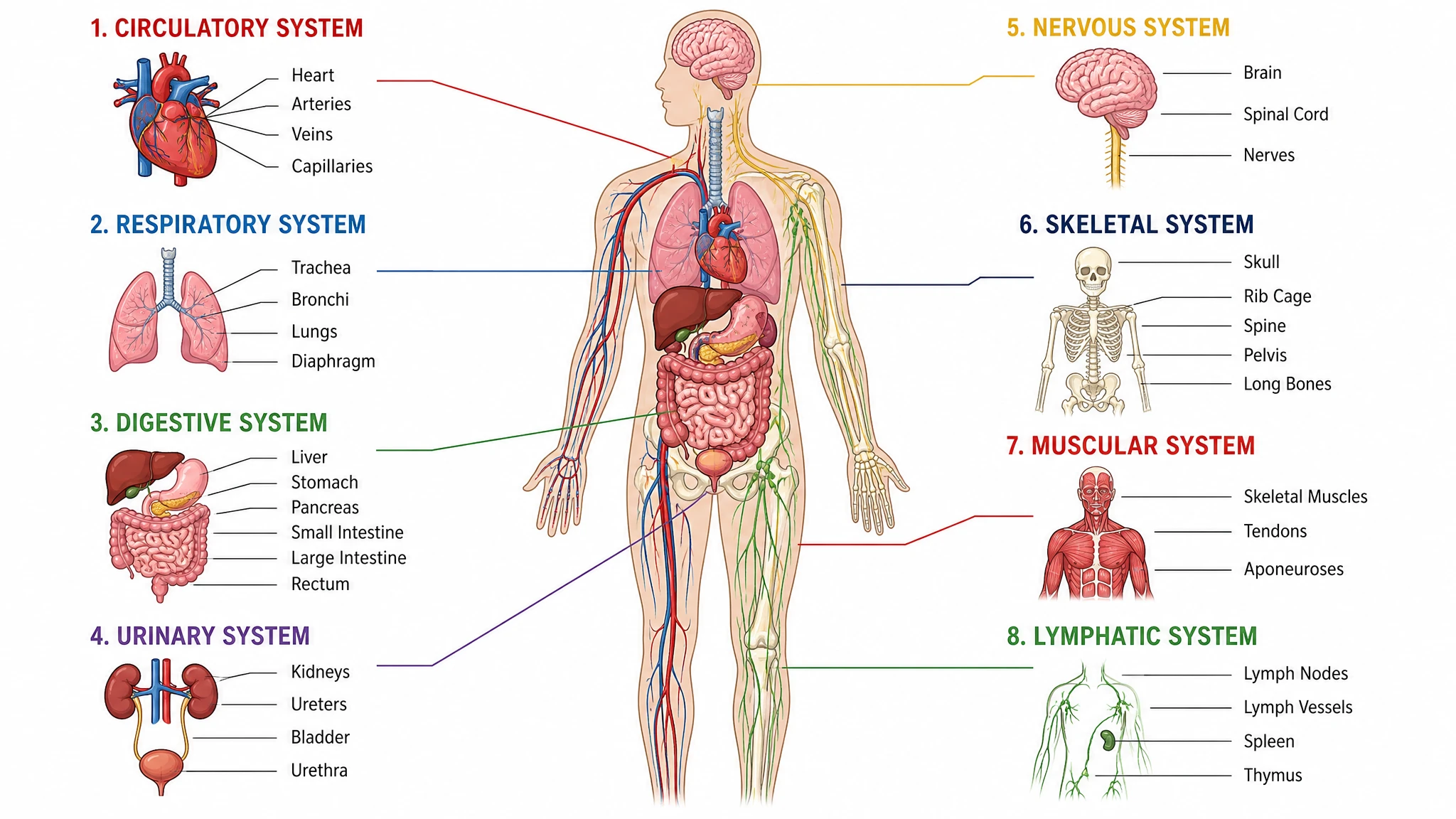 Labeled anatomical drawing showing a schematic overview of human body systems in clean textbook style (Figure generated with SciFig)