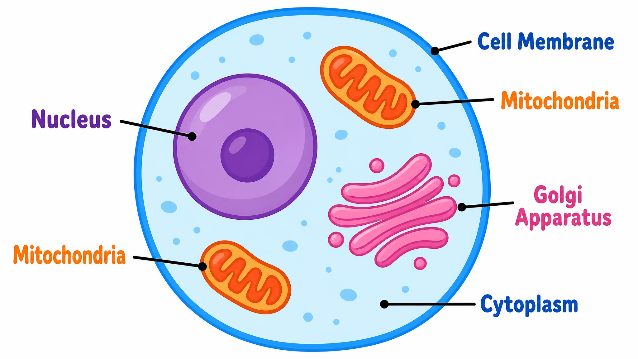 Simplified animal cell diagram for younger students showing nucleus, mitochondria, Golgi apparatus, cell membrane, and cytoplasm with bold labels (Figure generated with SciFig)