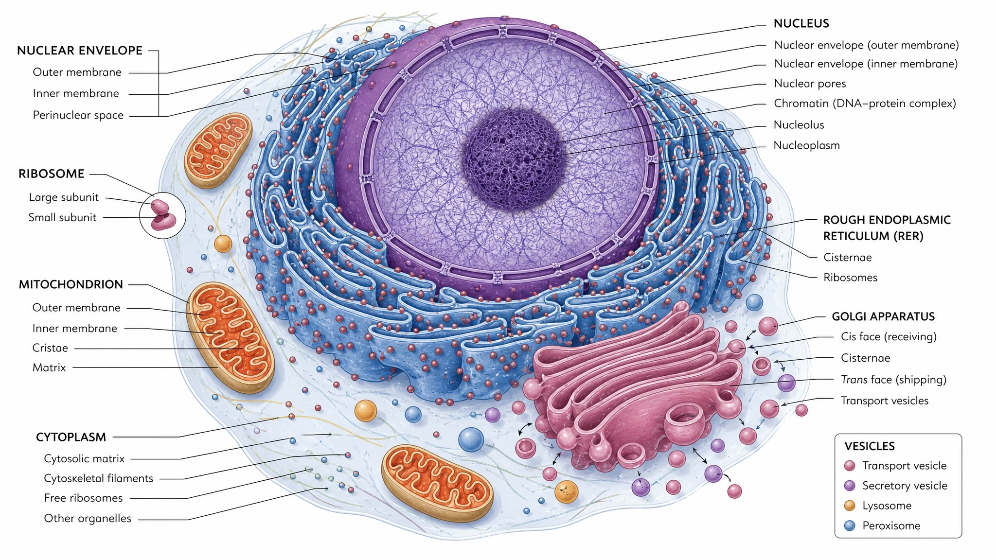 Close-up animal cell organelles diagram highlighting nucleus, rough endoplasmic reticulum with ribosomes, Golgi apparatus, and mitochondria (Figure generated with SciFig)