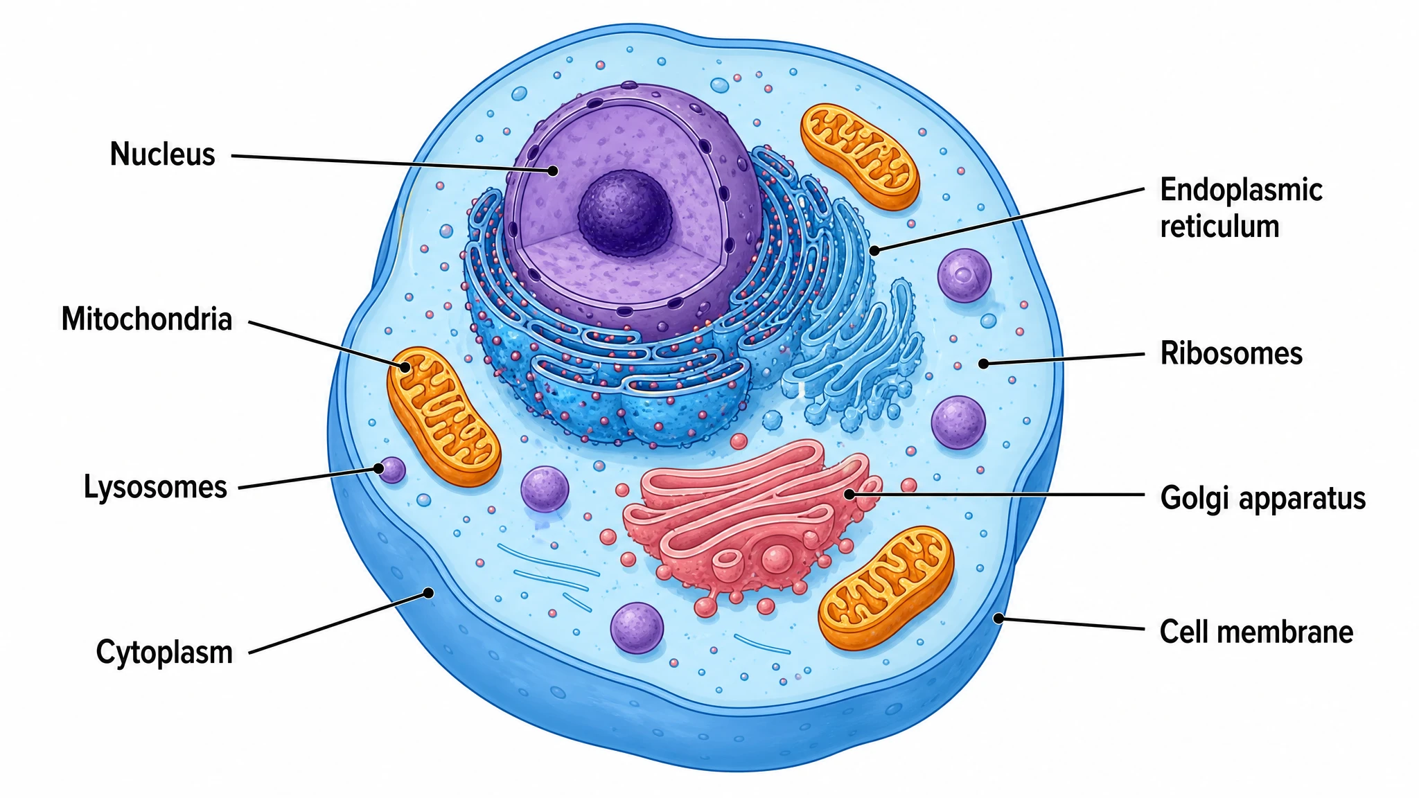 Labeled animal cell diagram showing nucleus, mitochondria, Golgi apparatus, endoplasmic reticulum, ribosomes, lysosomes, and cell membrane in cross-section (Figure generated with SciFig)
