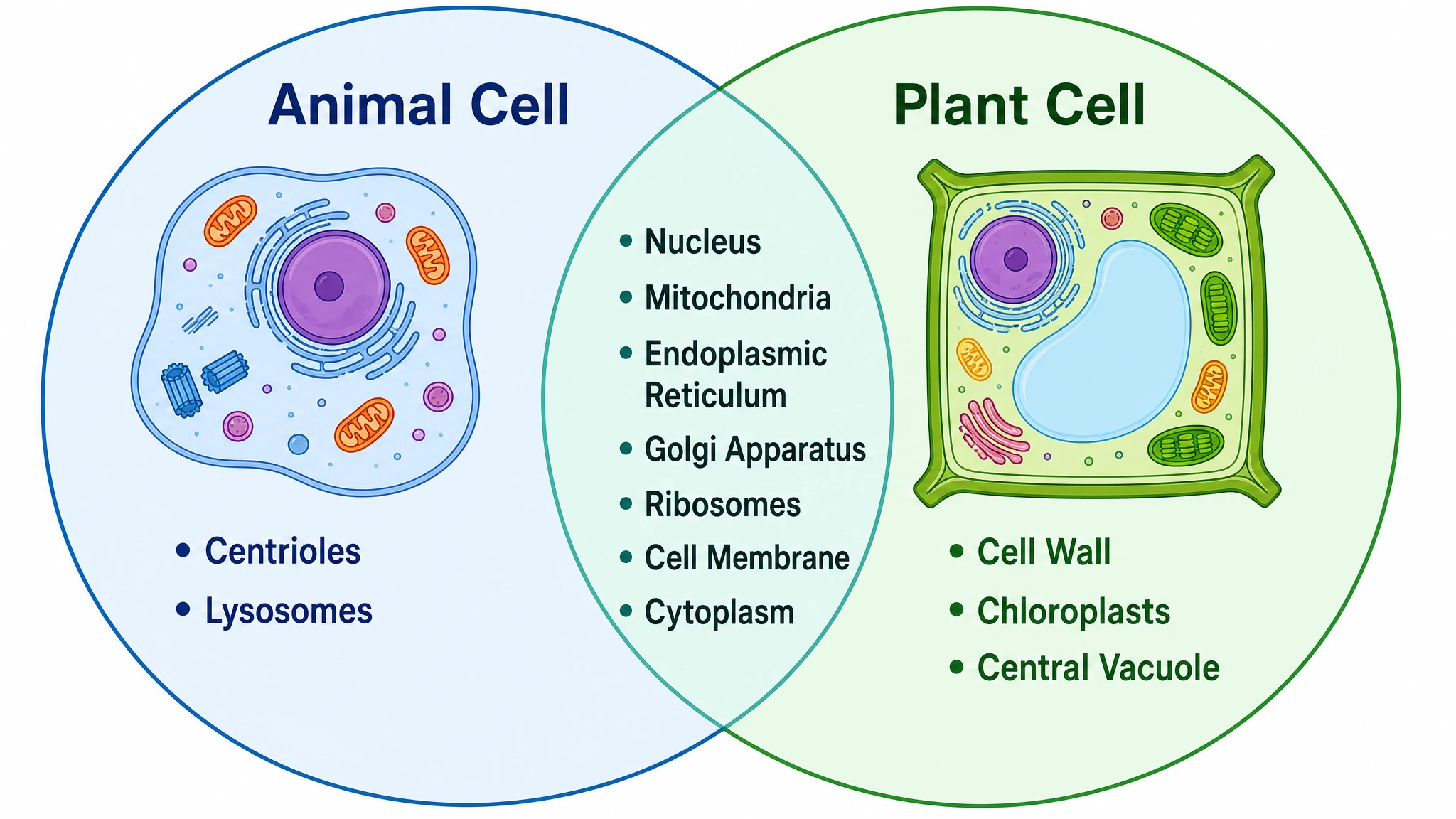 Plant cell vs animal cell venn diagram with shared organelles in the overlap and plant-only cell wall, chloroplasts, and central vacuole on the plant side (Figure generated with SciFig)