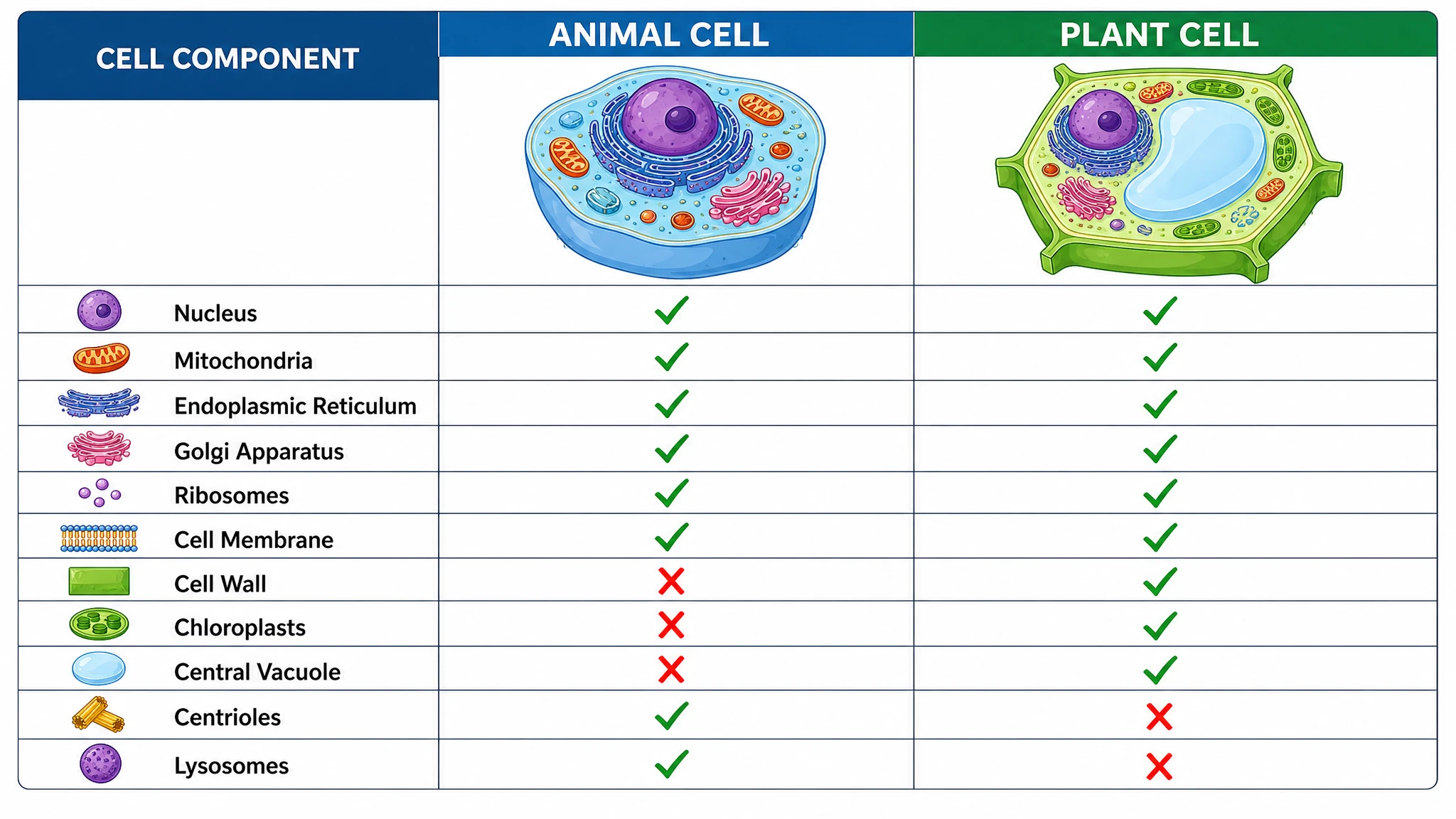 Plant and animal cell comparison chart table showing which organelles are present in animal cells versus plant cells (Figure generated with SciFig)