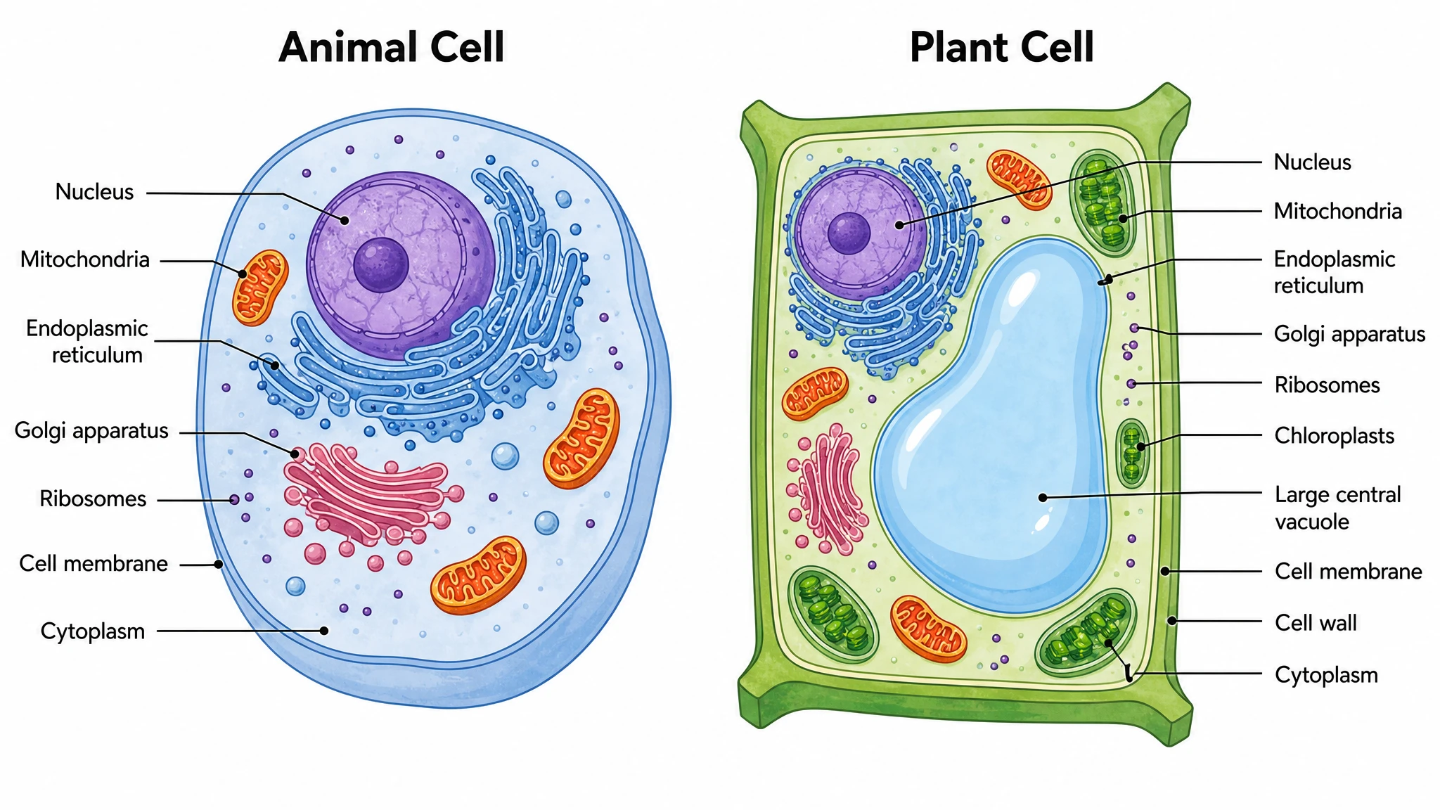 Side-by-side animal and plant cell comparison showing shared organelles in both cells and plant-only cell wall, chloroplasts, and central vacuole (Figure generated with SciFig)