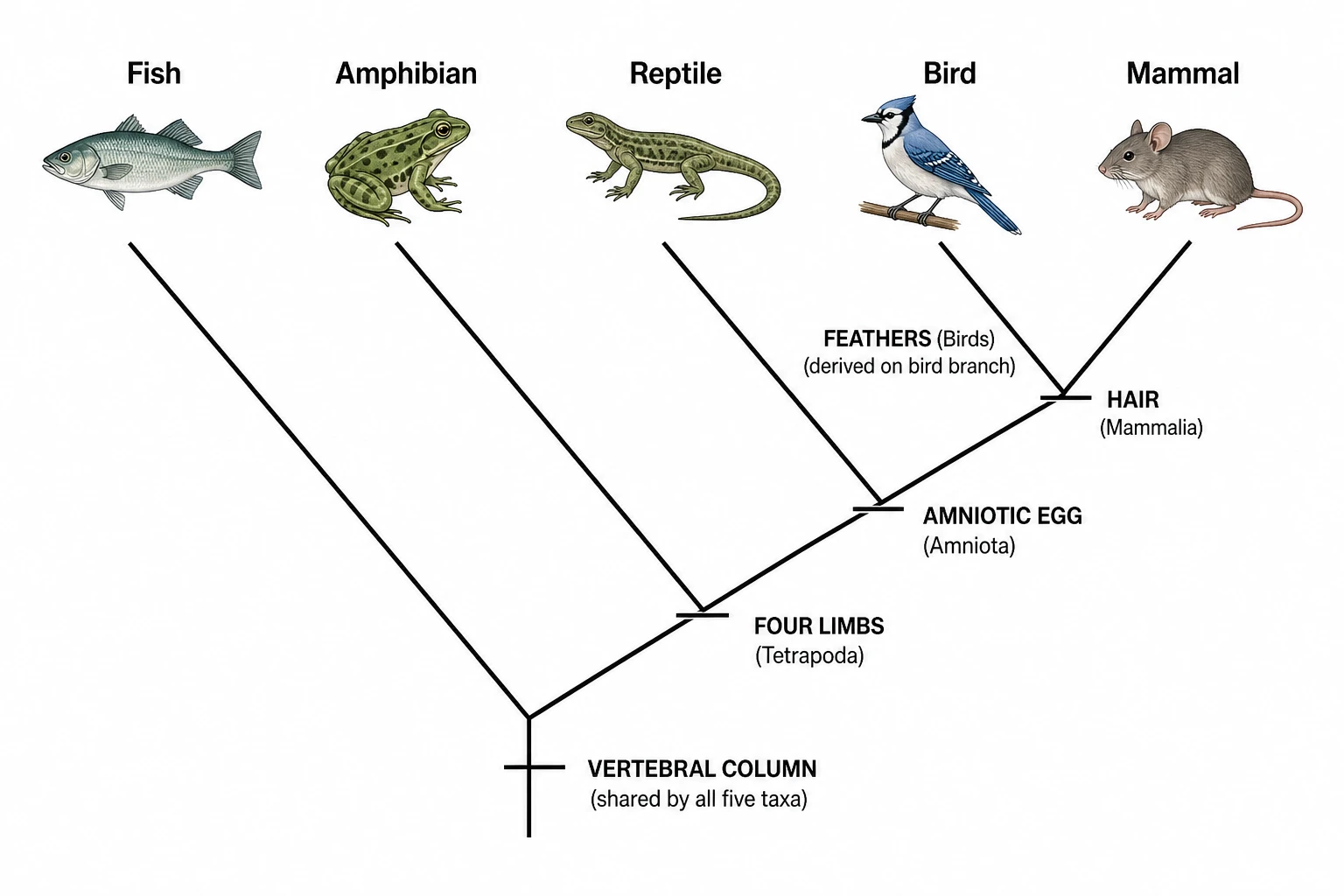 Cladogram showing evolutionary relationships among five vertebrate taxa with labeled shared derived characters at each node (Figure generated with SciFig)