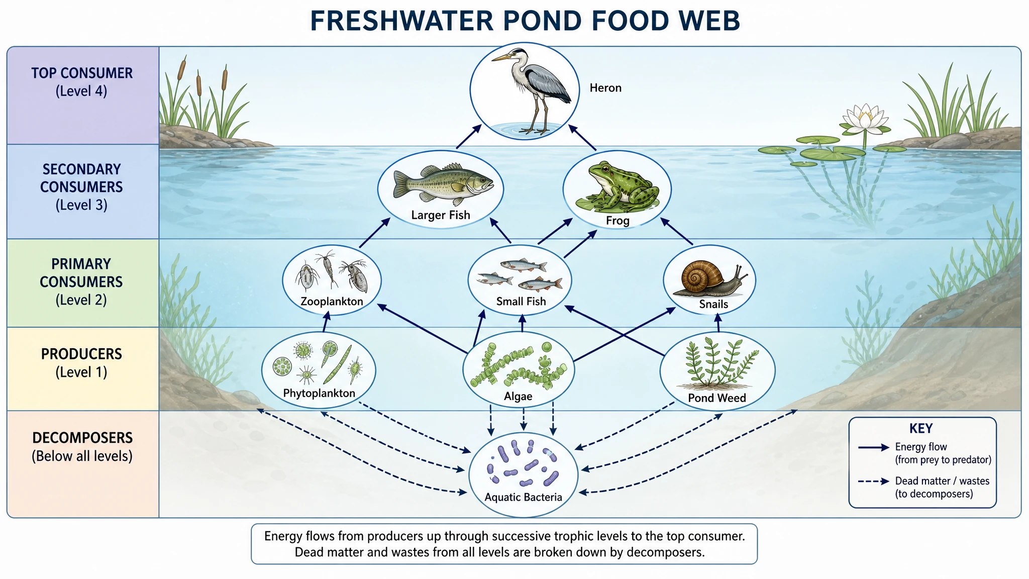Aquatic pond food web diagram showing algae, fish, heron, and decomposers connected by energy flow arrows (Figure generated with SciFig)