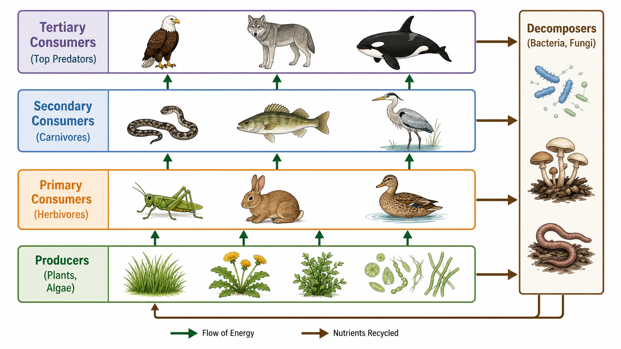 Food web diagram arranged by labeled trophic levels with upward energy flow arrows from producers to top consumers (Figure generated with SciFig)