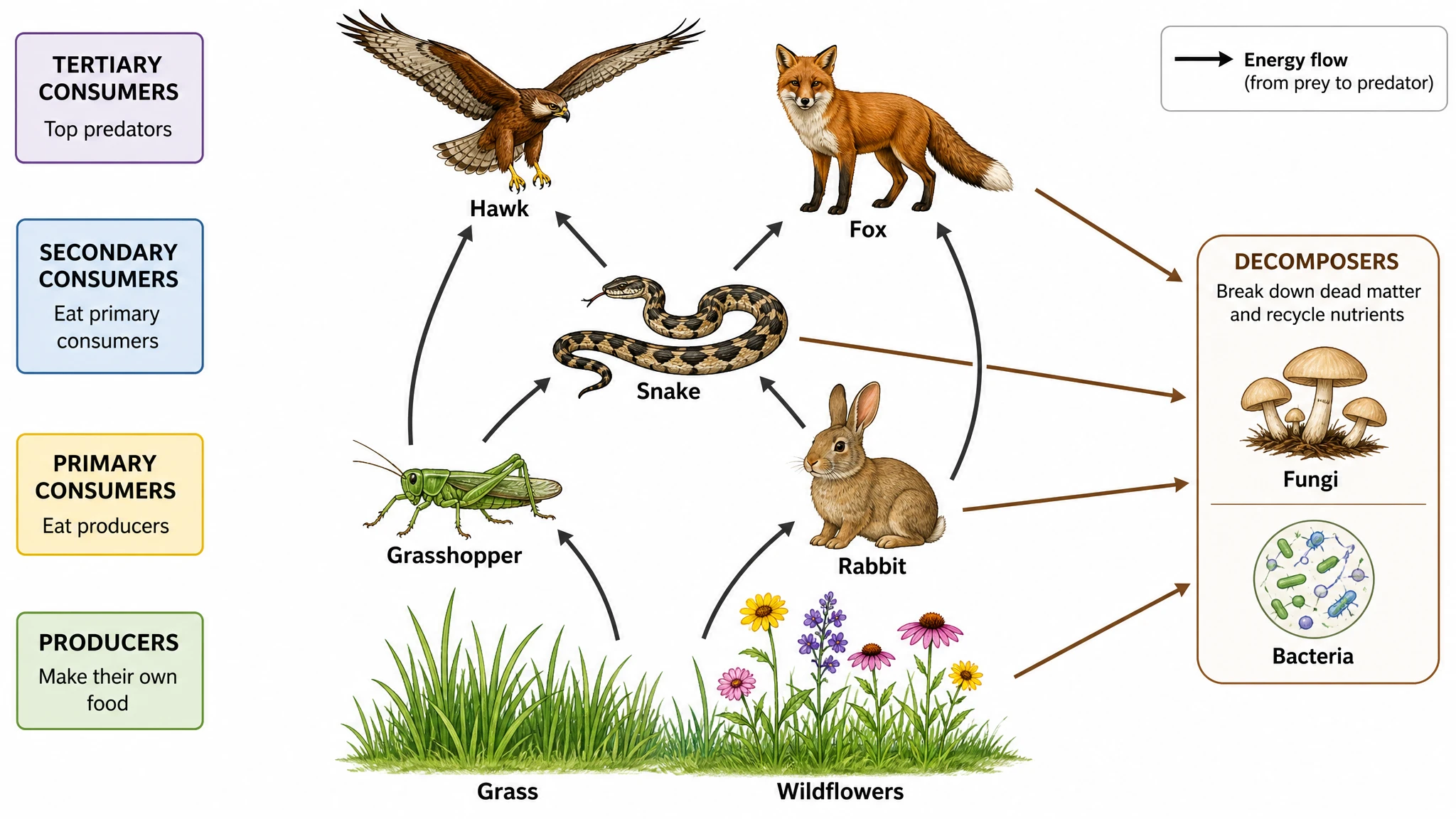Labeled grassland food web diagram showing producers, consumers, and decomposers connected by energy flow arrows across trophic levels (Figure generated with SciFig)