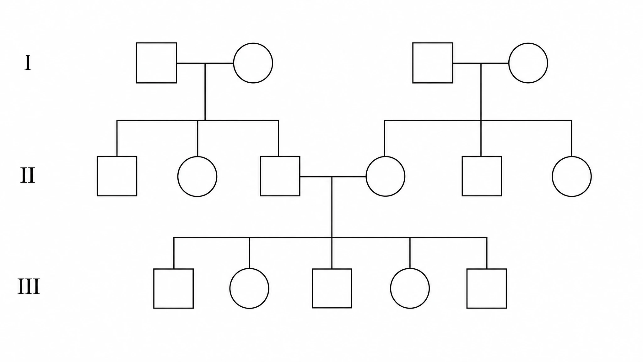 Blank pedigree chart template with unfilled standard pedigree symbols across three generations, ready for students to mark affected individuals (Figure generated with SciFig)