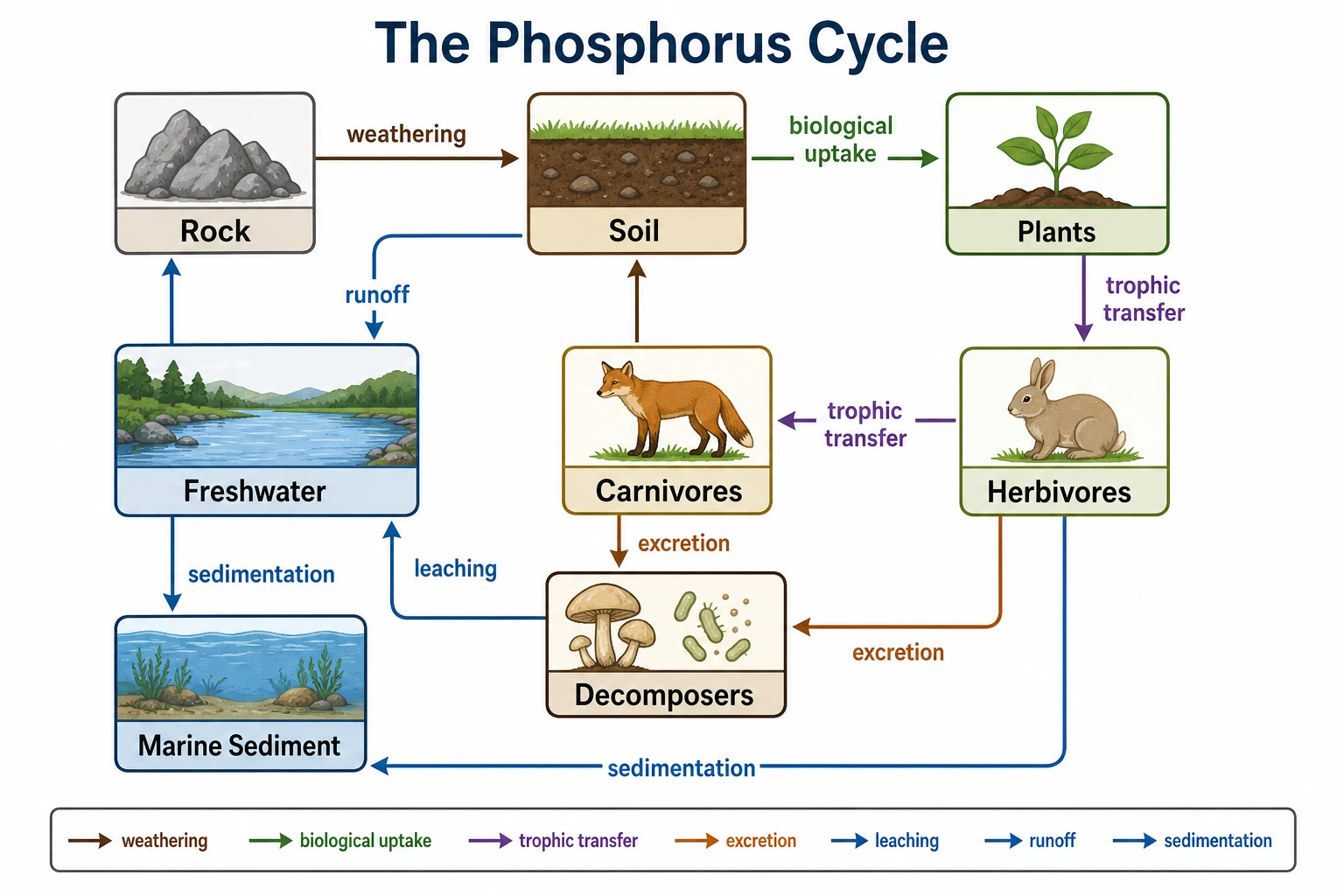 Annotated phosphorus cycle flow chart with labeled pools from rock to marine sediment and process annotations on each flux (Figure generated with SciFig)