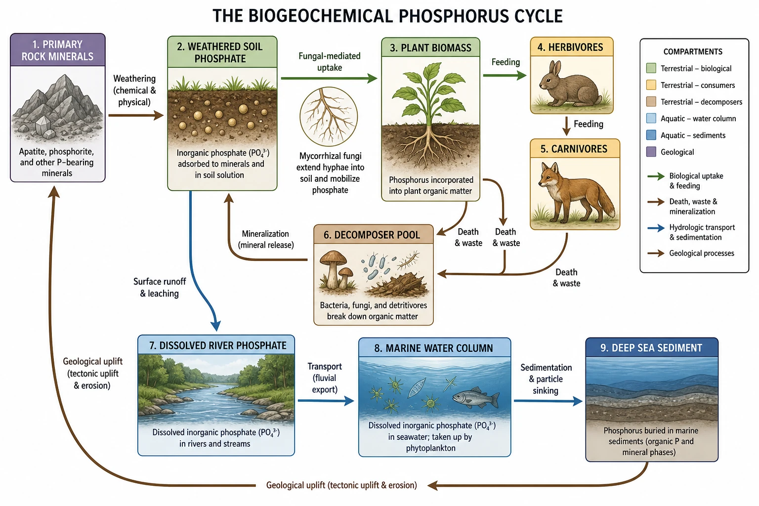 Advanced phosphorus cycle biogeochemical diagram showing geological uplift, mycorrhizal uptake, and marine sedimentation in a full long-term cycle (Figure generated with SciFig)