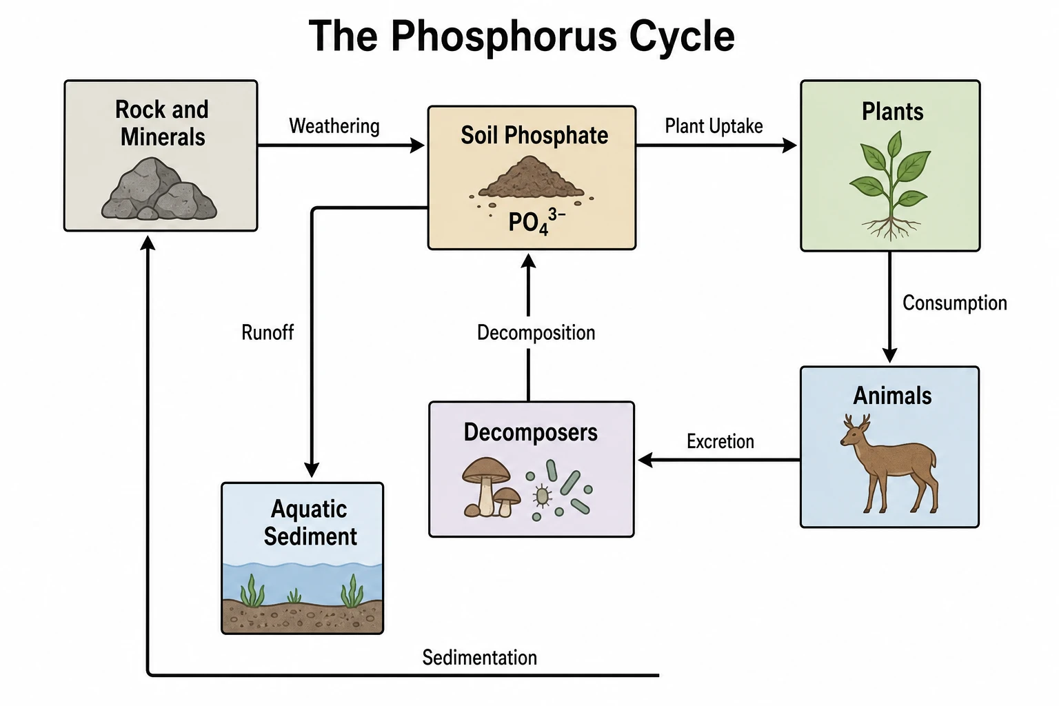 Phosphorus cycle diagram showing phosphate pools in rocks, soil, plants, animals, decomposers, and sediment connected by labeled flux arrows (Figure generated with SciFig)