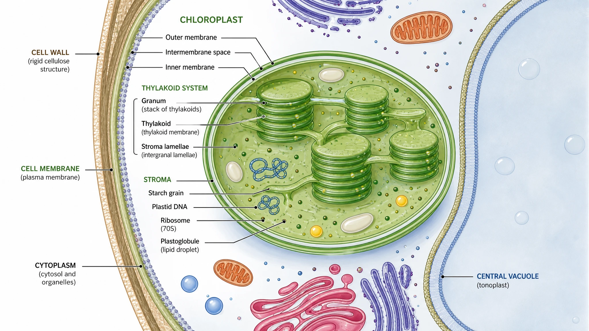 Close-up plant cell diagram highlighting a green chloroplast with thylakoid grana beside the cell wall and central vacuole (Figure generated with SciFig)
