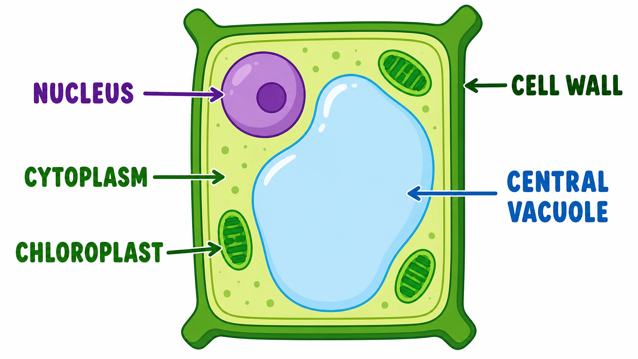 Simplified plant cell diagram for biology class showing cell wall, chloroplasts, central vacuole, and nucleus with bold labels (Figure generated with SciFig)