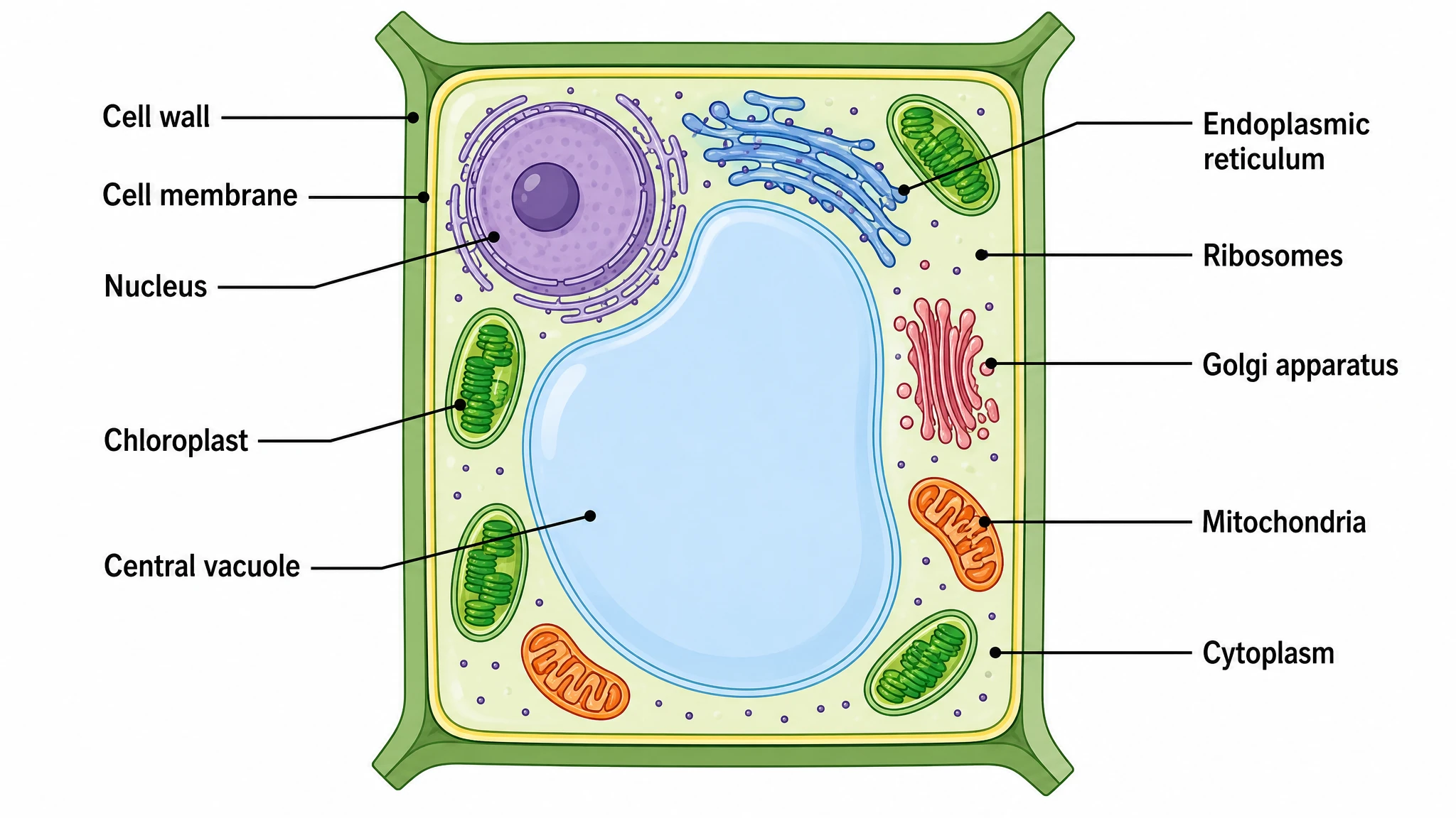 Labeled plant cell diagram showing cell wall, green chloroplasts, large central vacuole, nucleus, mitochondria, and Golgi apparatus in cross-section (Figure generated with SciFig)