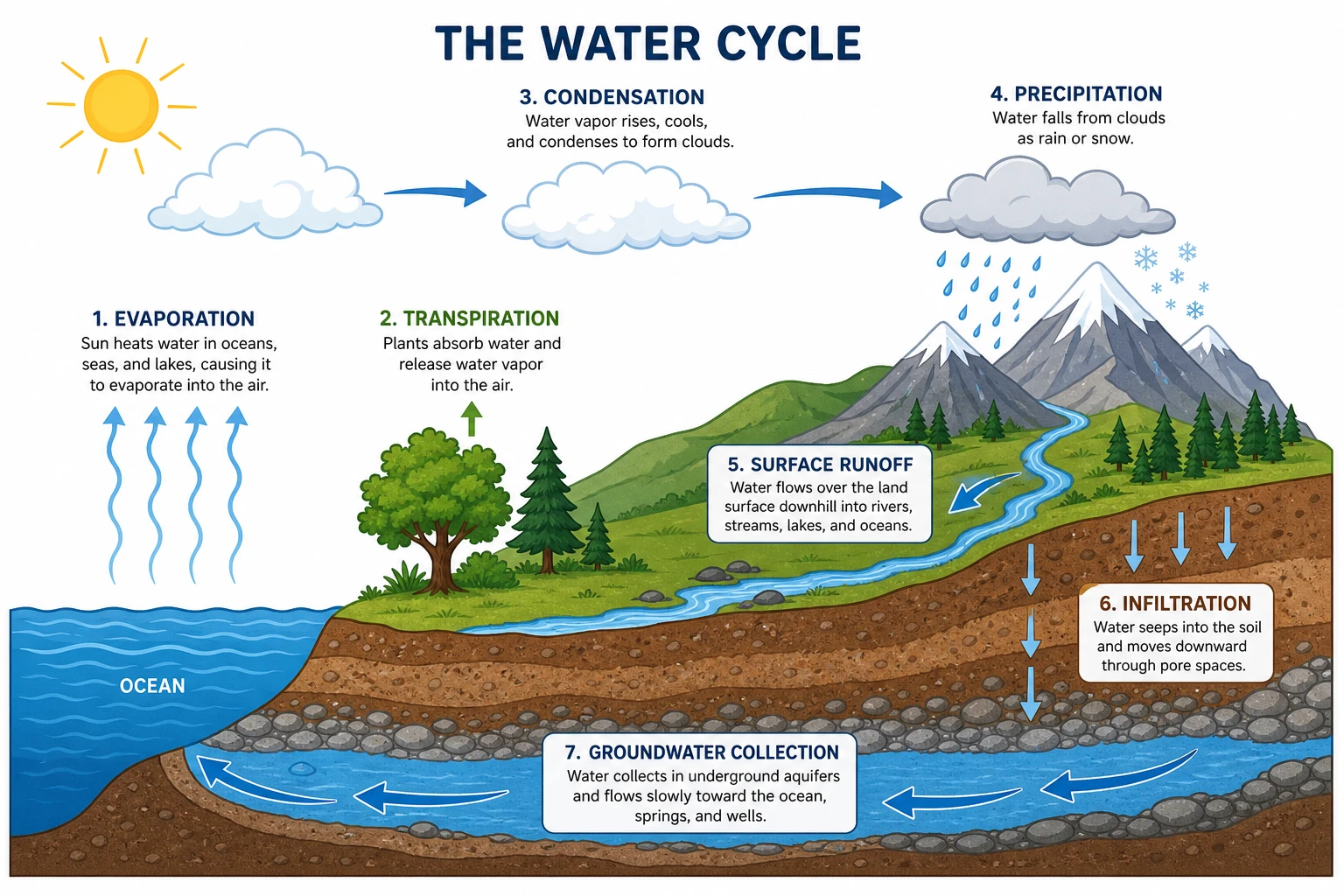 Fully labeled water cycle diagram with annotated process stages including transpiration and groundwater collection (Figure generated with SciFig)