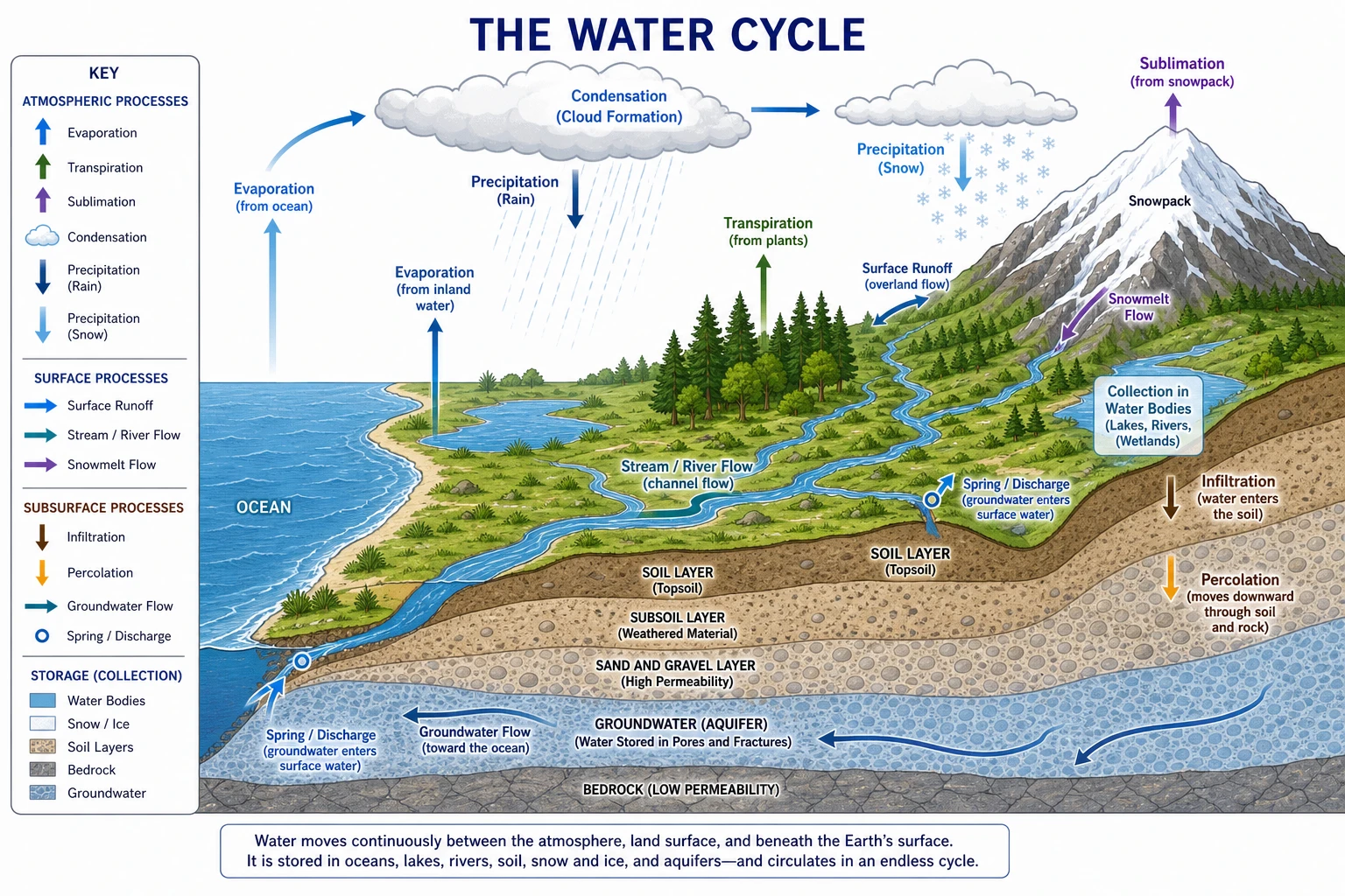 Detailed water cycle diagram cross-section showing all hydrological cycle stages including sublimation and groundwater flow (Figure generated with SciFig)