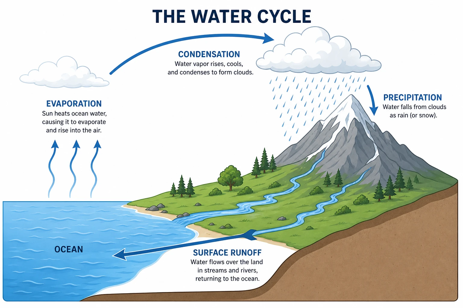 Water cycle diagram showing evaporation, condensation, precipitation, and surface runoff with labeled arrows (Figure generated with SciFig)
